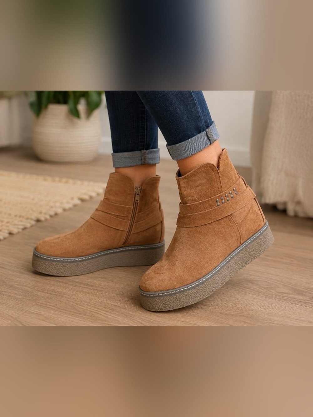 NWOT Casual Suede Platform Ankle Booties - Tan Sz10
